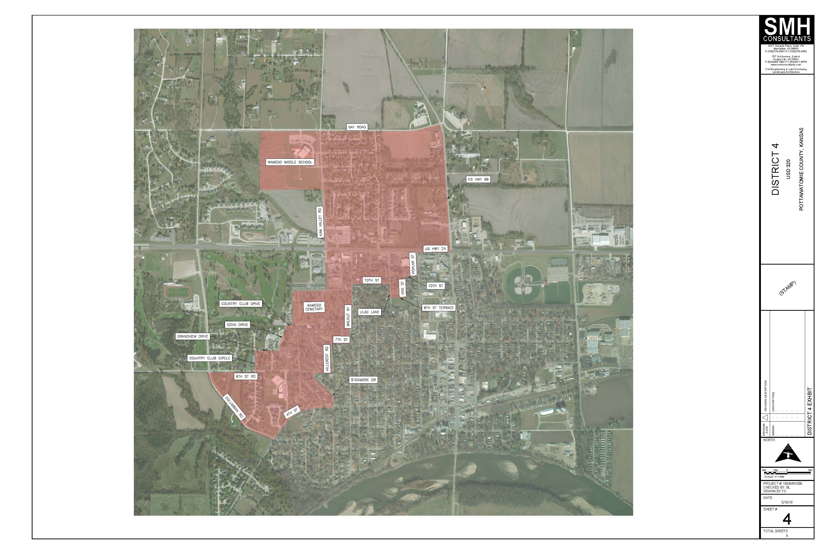 Aerial map of District 4, shaded in red. The area covers north-central Wamego, including Wamego Cemetery, 10th St, 7th St, US HWY 24, Luc Ln, and Country Club Dr. Wamego Middle School is labeled near the top of the map. The Kansas River is visible along the southern edge.